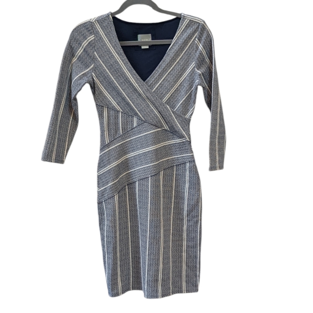 Maeve, Blue And White Diagonal Striped Faux Wrapped Column Dress. XS